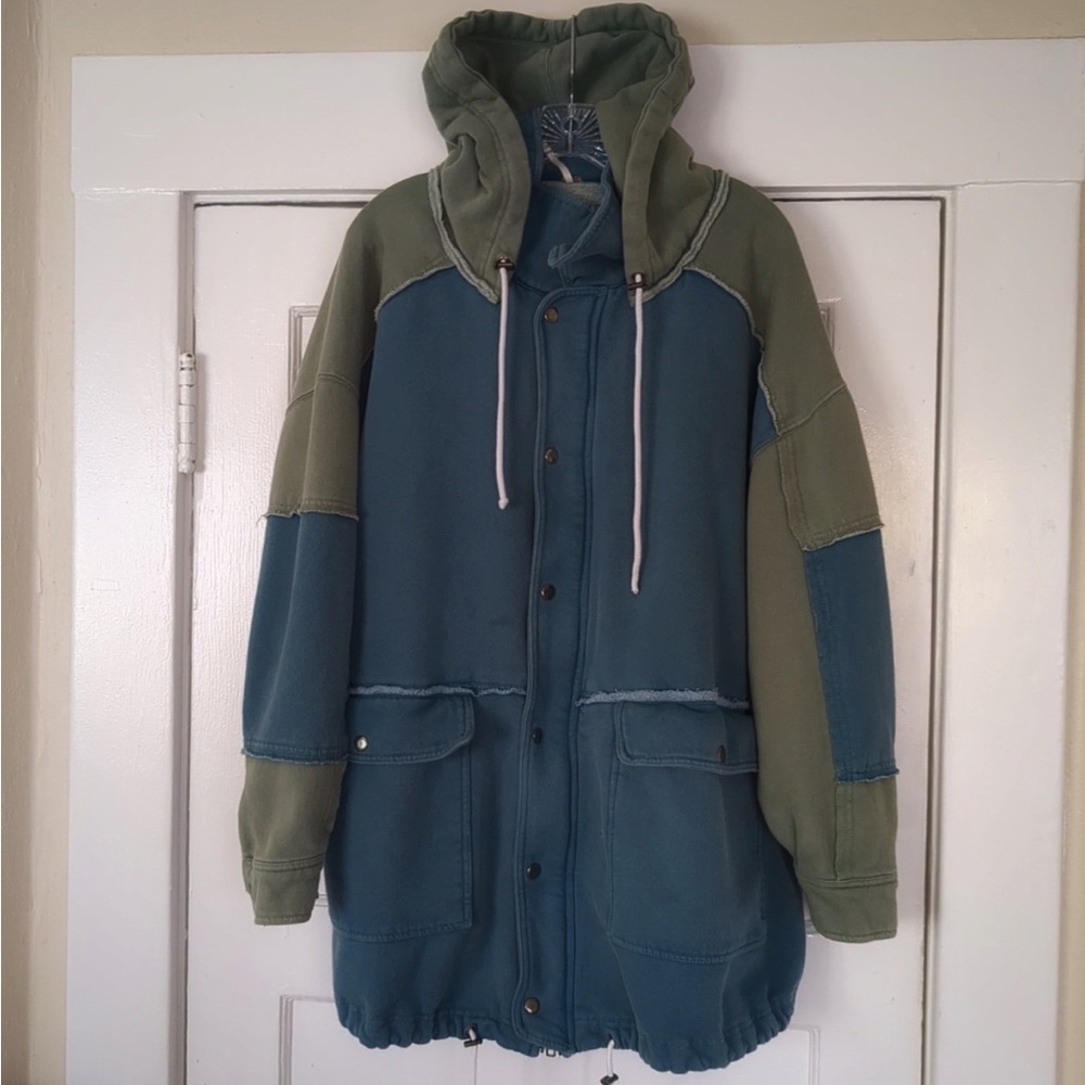Free People Two-Tone Green and Blue Hooded Jacket